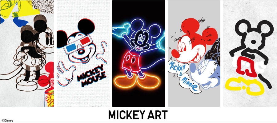 A comic book panel with five Mickey Mouse illustrations from the new Mickey Art collection, including 3D and neon styles.