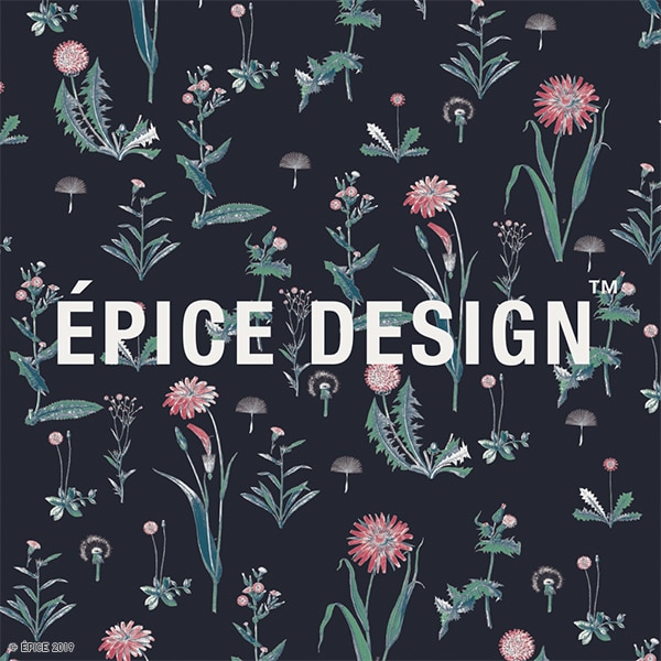 El logo de ÉPICE DESIGN sobre un fondo azul marino con diseños de flores y plantas en diferentes tonos de verde y rojo.