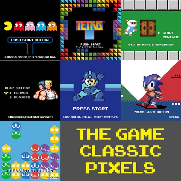 A visual collage of some of the legendary video game titles celebrated in this new collection, including PAC-MAN, Tetris™ and Sonic the Hedgehog.