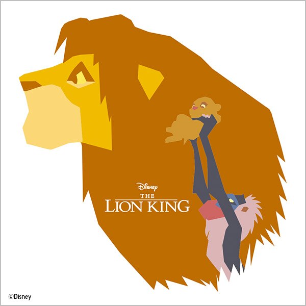 Un imprimé géométrique qui illustre Rafiki portant Simba face à la silhouette de Mufasa
