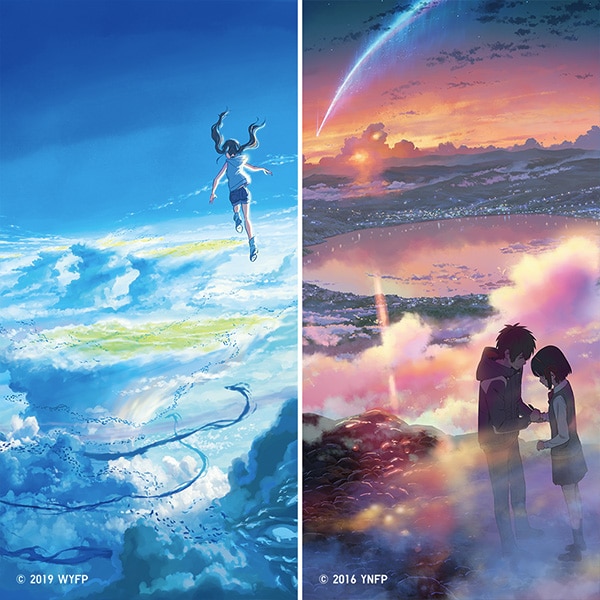 Frames from the films 'your name' and 'Weathering with You' featuring characters situated above the worlds they inhabit