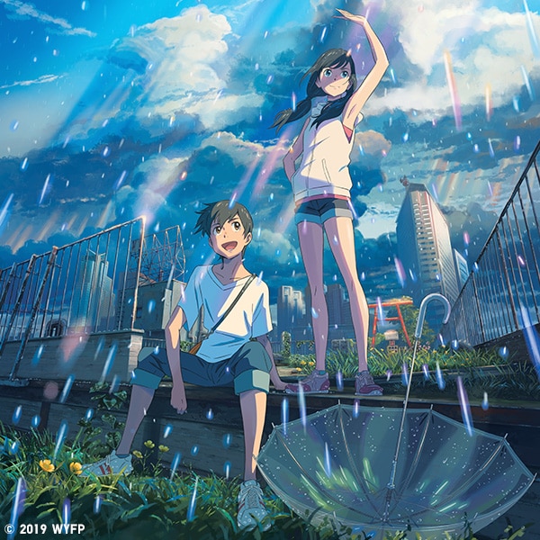 The theatrical release art for 'Weathering with You'; a young man and woman beneath the rain in a dense urban city.