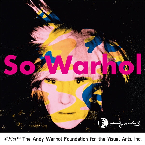 A black and white photo portrait of Andy Warhol with vivid blue and yellow patterned overlays, featuring 'So Warhol' text.
