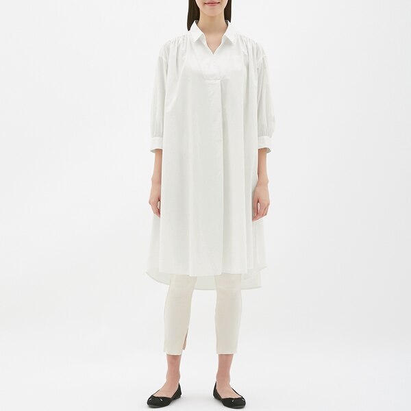 Aラインシャツワンピース(7分袖)-OFF WHITE