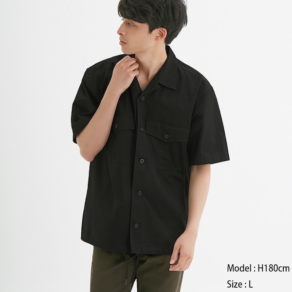 オープンカラーシャツ(5分袖)(ミリタリー)-BLACK