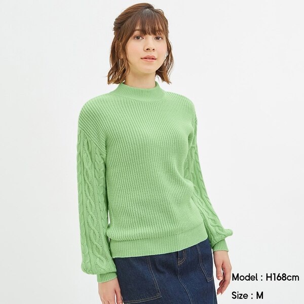 ケーブルスリーブハイネックセーター(長袖)-GREEN