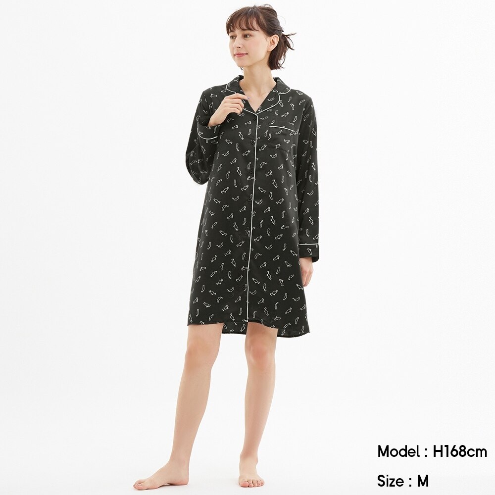 Guのサテンパジャマワンピース 長袖 キャット Stylehint