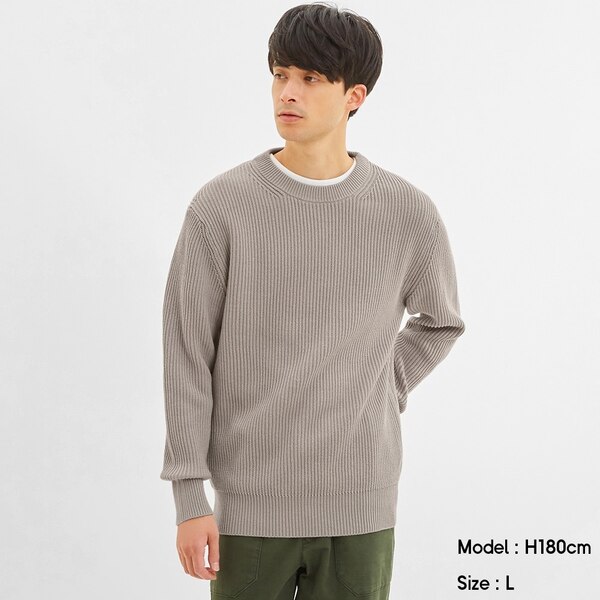 ウォッシャブルコットンアゼクルーネックセーター(長袖)-GRAY