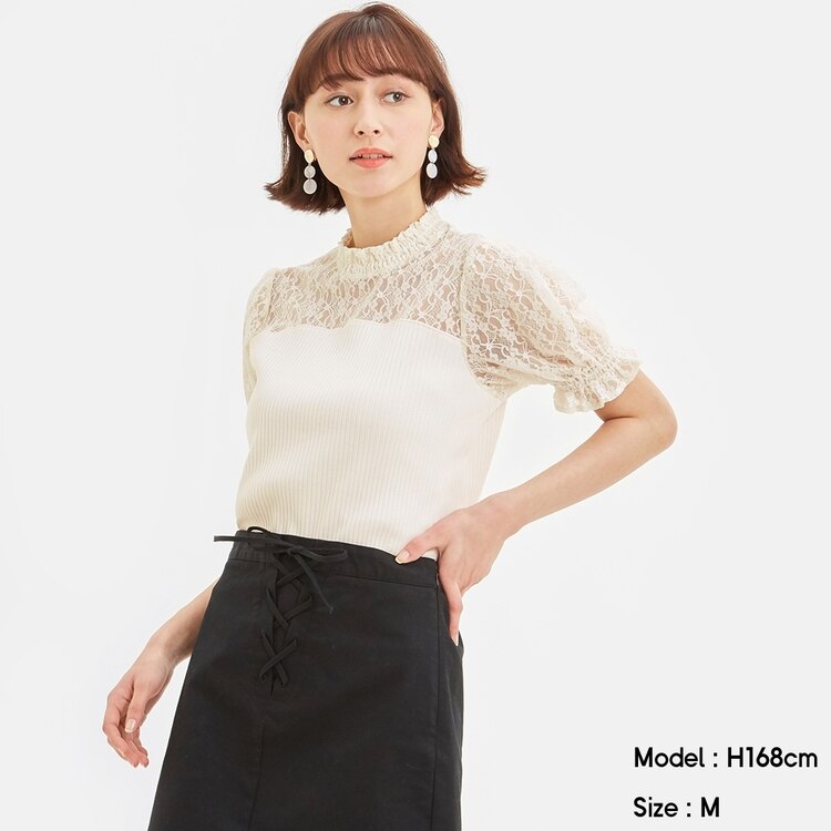 レースコンビネーションパフスリーブプルオーバー 半袖 Q Gu ジーユー 公式通販オンラインストア