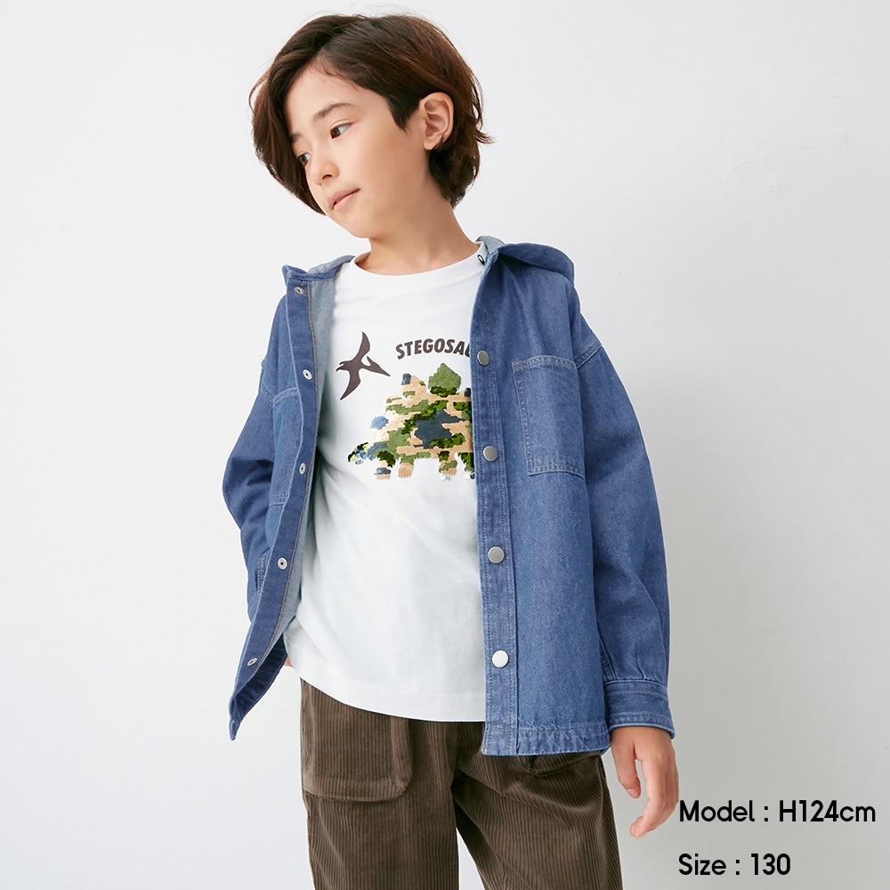 （GU）KIDS(男女兼用)フード付きデニムシャツ(長袖)のサムネイル
