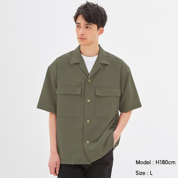GUドライダブルポケットオープンカラーシャツ(5分袖)(セットアップ可能)-OLIVE