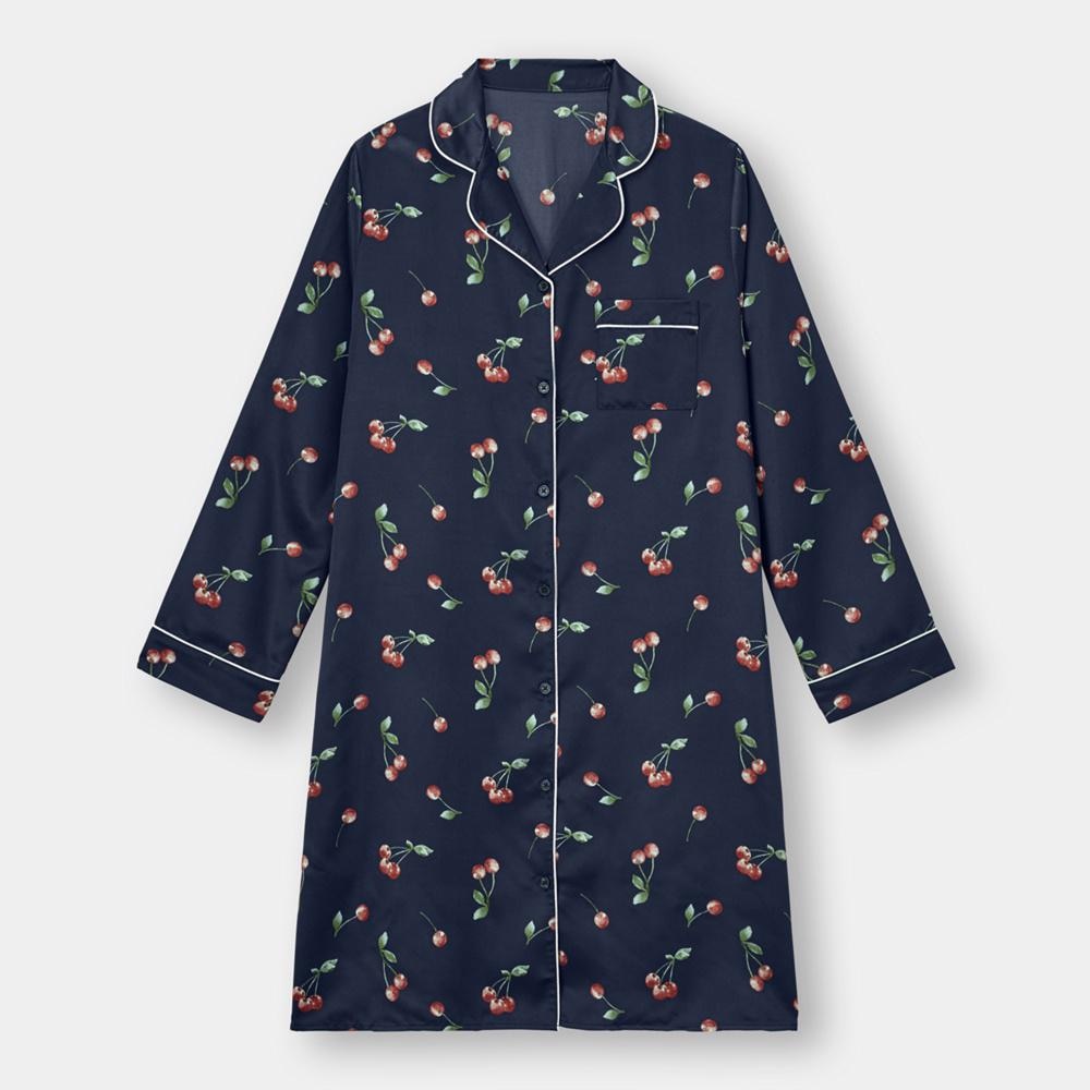 （GU）サテンパジャマワンピース(長袖)(チェリー)+Eのサムネイル