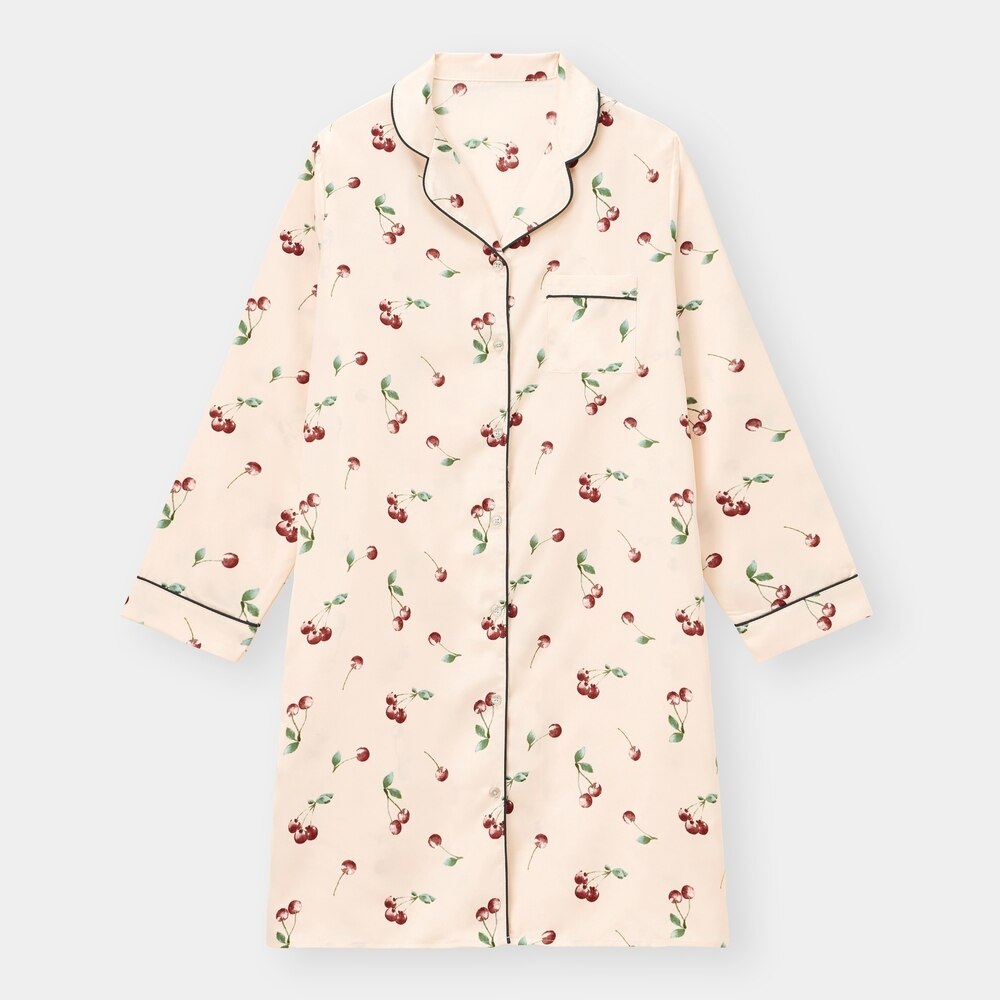 Gu サテンパジャマワンピース 長袖 チェリー オフホワイト Lサイズ 期間限定