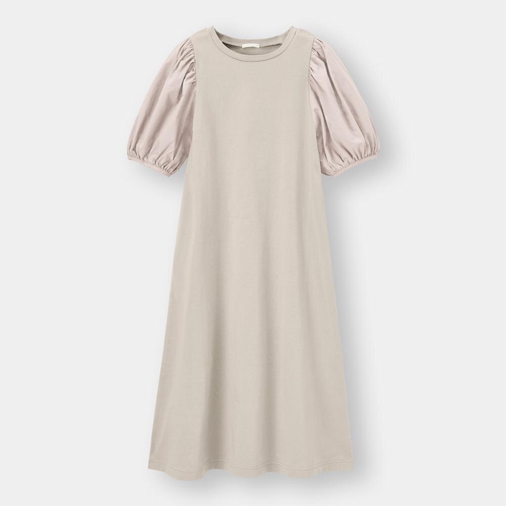 Gu公式 布帛コンビネーションボリュームスリーブワンピース 5分袖 ファッション通販サイト