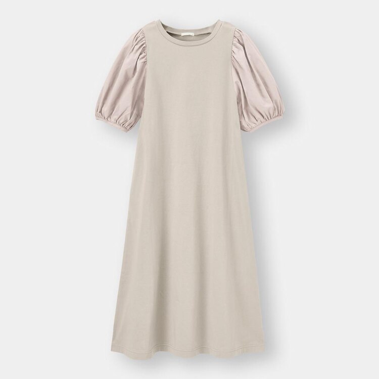 Gu公式 布帛コンビネーションボリュームスリーブワンピース 5分袖 ファッション通販サイト