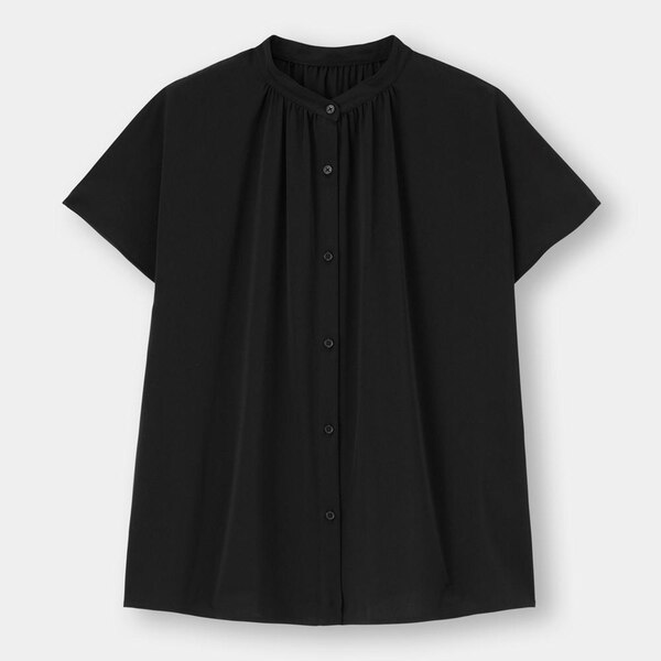 エアリーバンドカラーシャツ(半袖)-BLACK