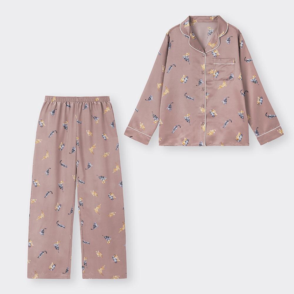 （GU）サテンパジャマ(長袖&ロングパンツ)(キャット)のサムネイル