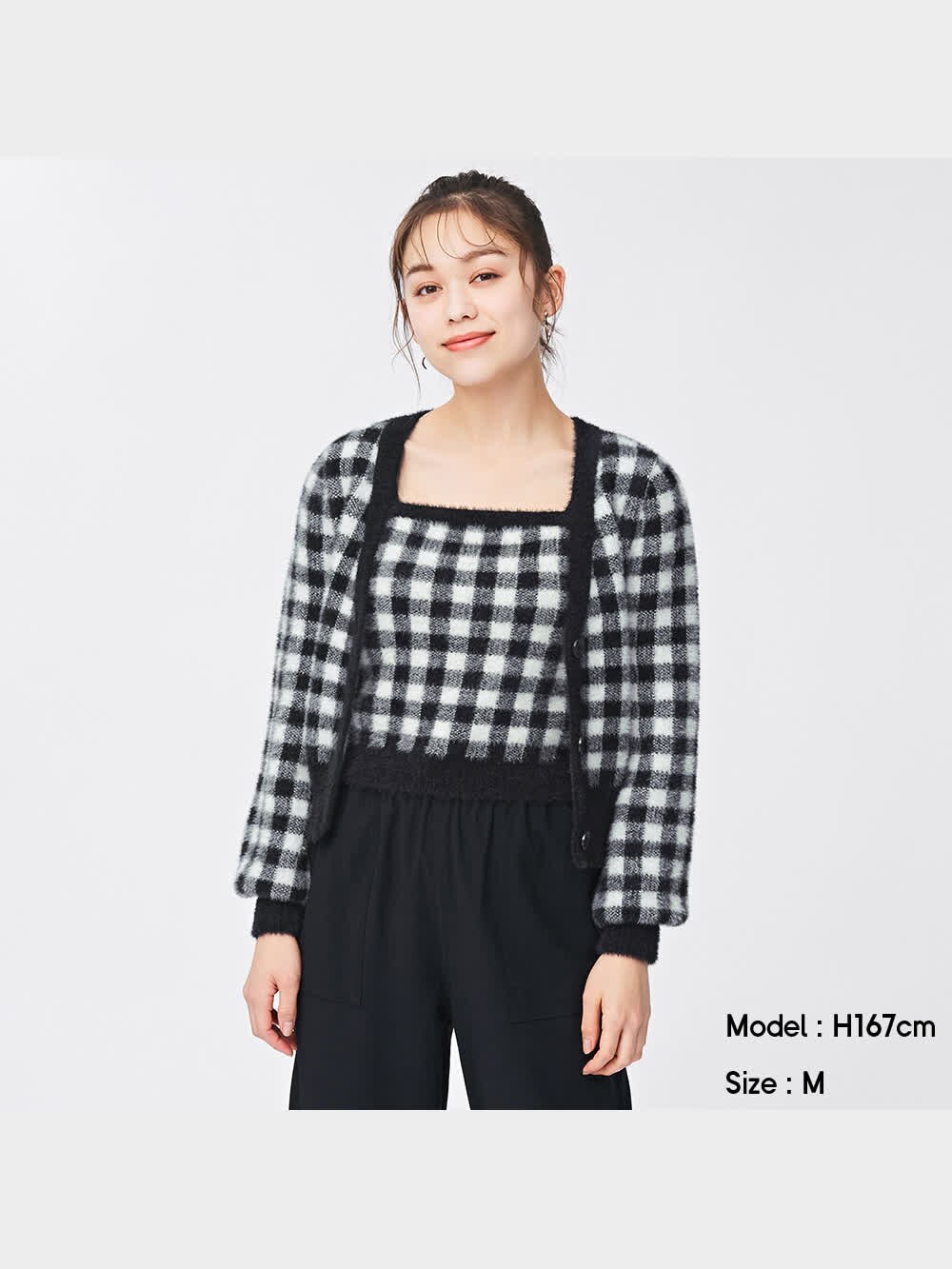 GU公式 | チェックフェザーヤーンカーディガン(長袖)YG+X(アンサンブル