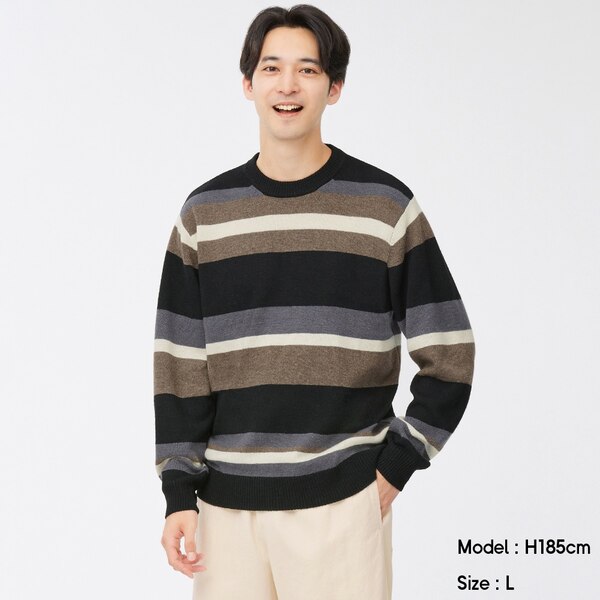 ソフトラムブレンドカラーブロックセーター(長袖)-BLACK