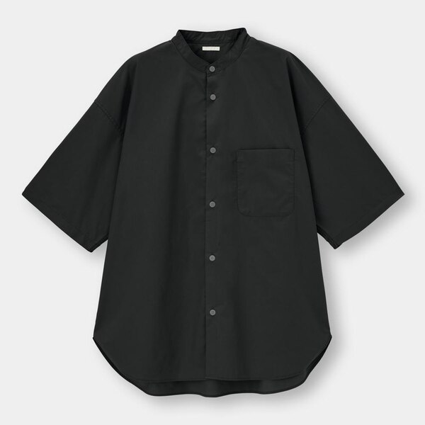 ブロードオーバーサイズバンドカラーシャツ(5分袖)Q-BLACK