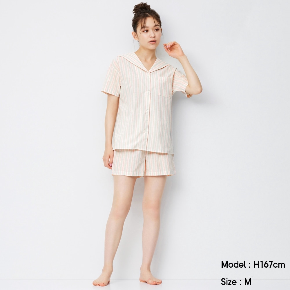 （GU）コットンセーラーパジャマ(半袖&ショートパンツ)(ストライプ)+Xのサムネイル