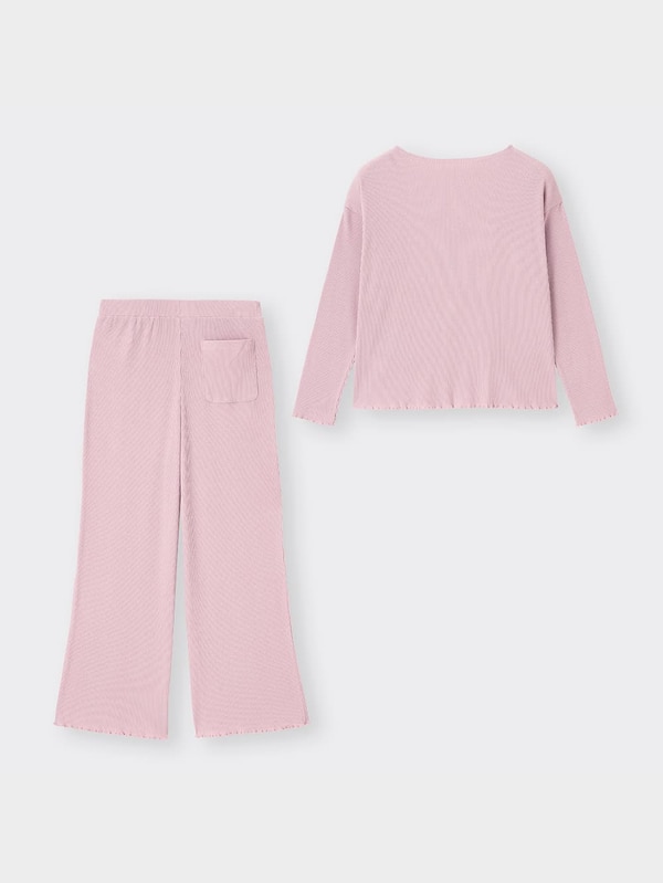 ウエストリボンリブラウンジセット(長袖&ロングパンツ)