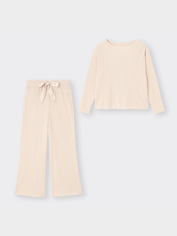 ウエストリボンリブラウンジセット(長袖&ロングパンツ)