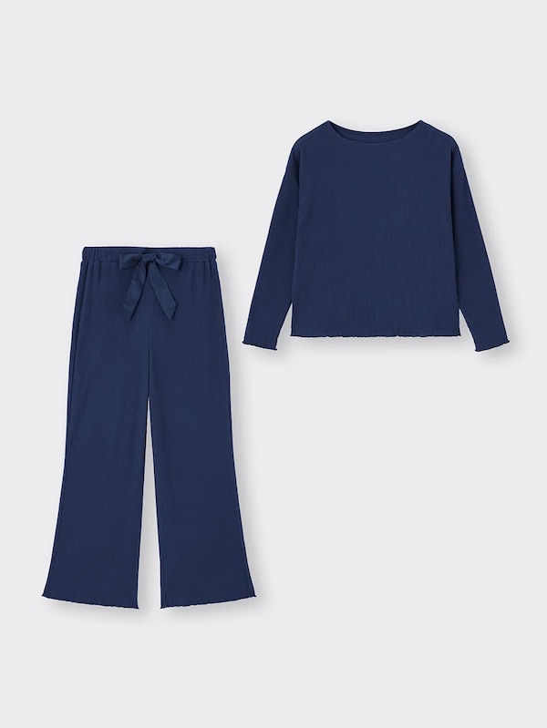 ウエストリボンリブラウンジセット(長袖&ロングパンツ)