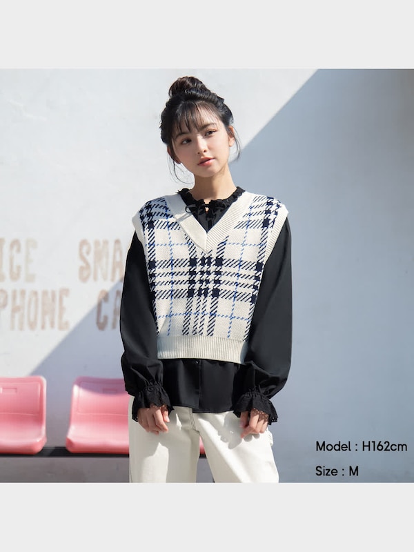 チェックニットベストYG+X