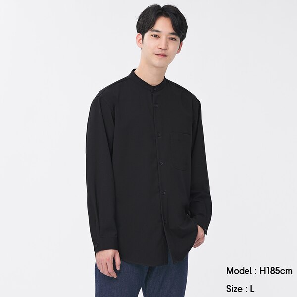 リラックスフィットバンドカラーシャツ(長袖)(セットアップ可能)-BLACK
