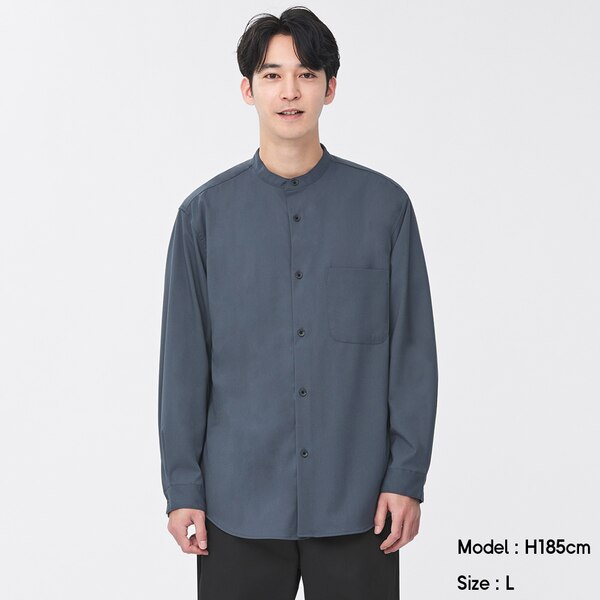 リラックスフィットバンドカラーシャツ(長袖)(セットアップ可能)-BLUE