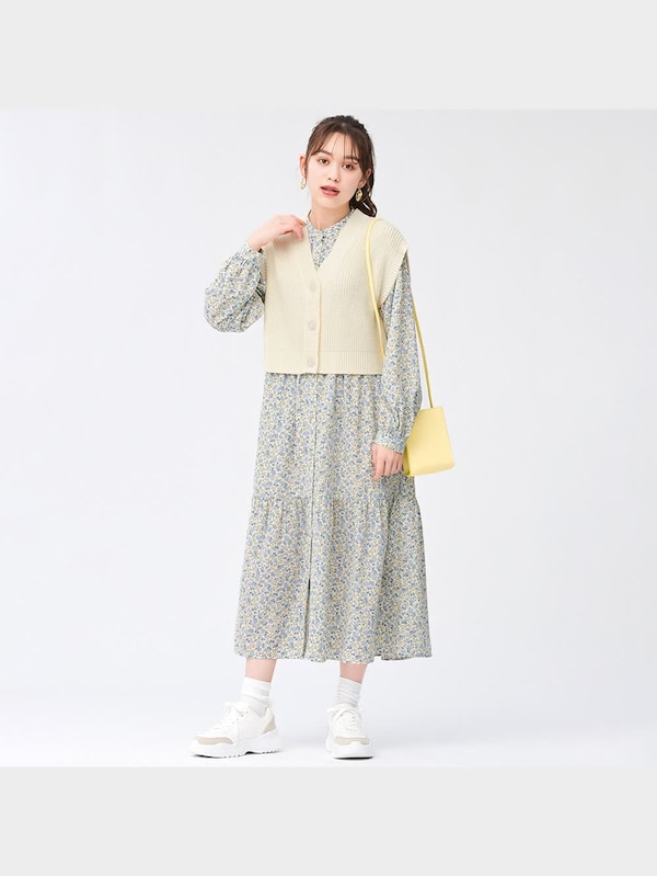 フラワープリントティアードシャツワンピース(長袖)