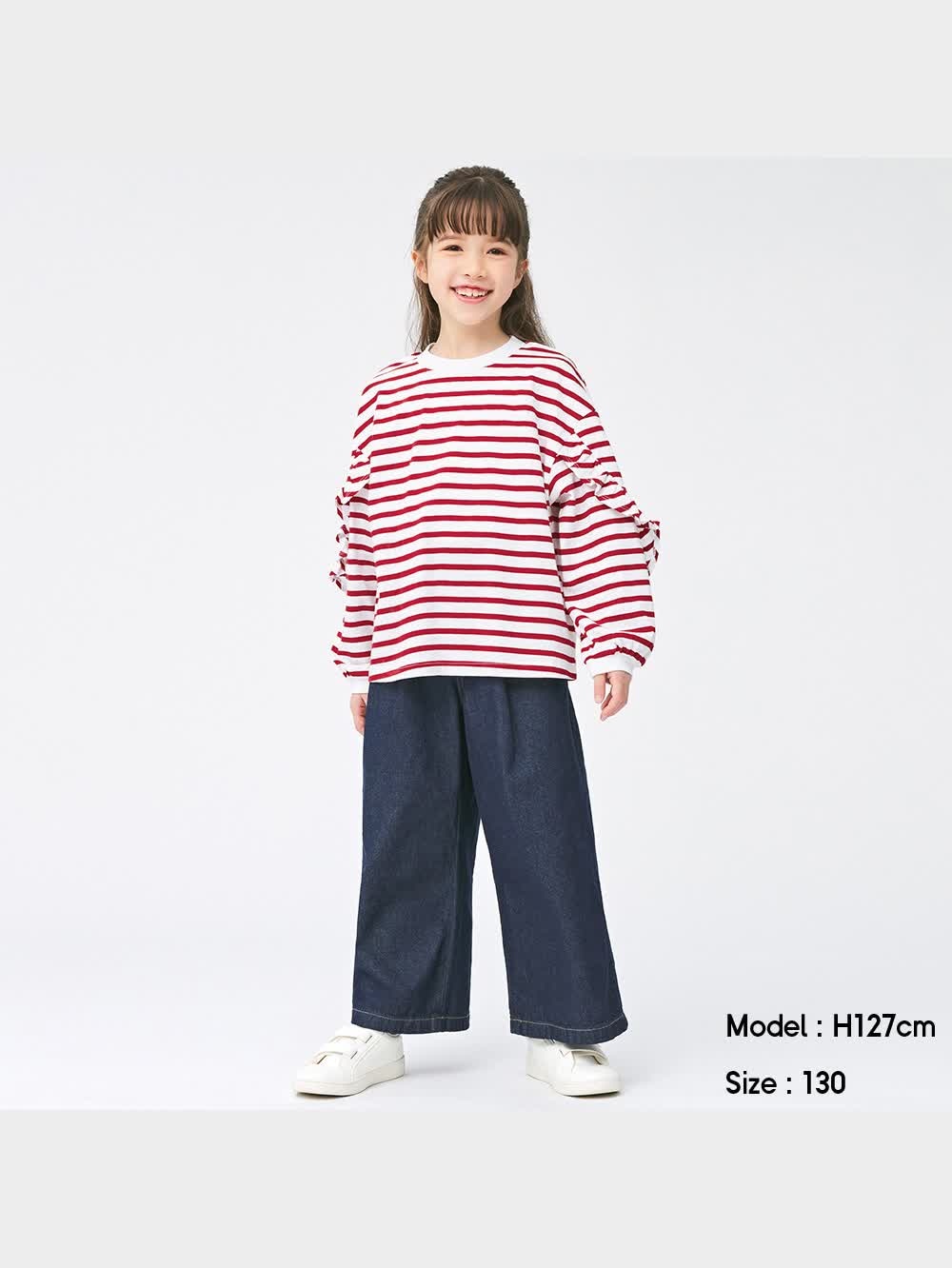 りんご　0324 GU公式 | GIRLSデニムフロントボタンイージーワイドパンツ