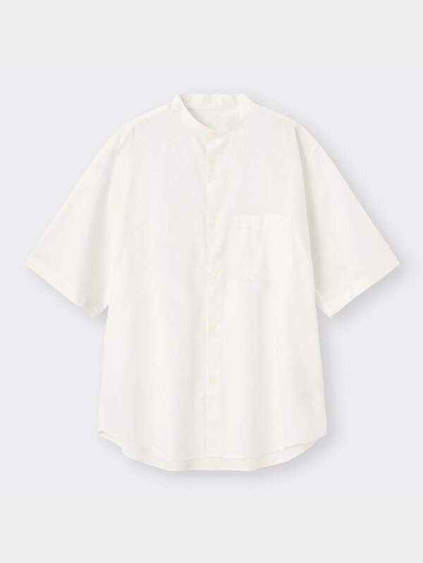 リネンブレンドリラックスフィットバンドカラーシャツ5分袖OSB+EC