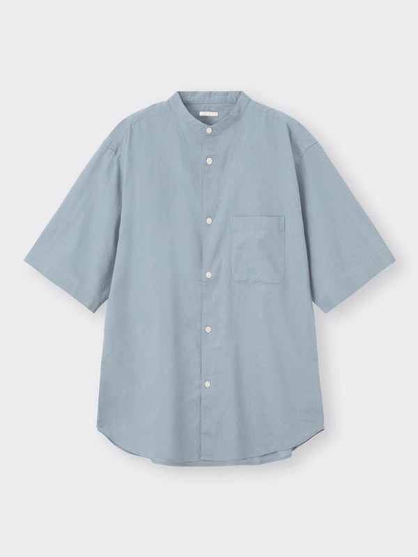 リネンブレンドリラックスフィットバンドカラーシャツ5分袖OSB+EC