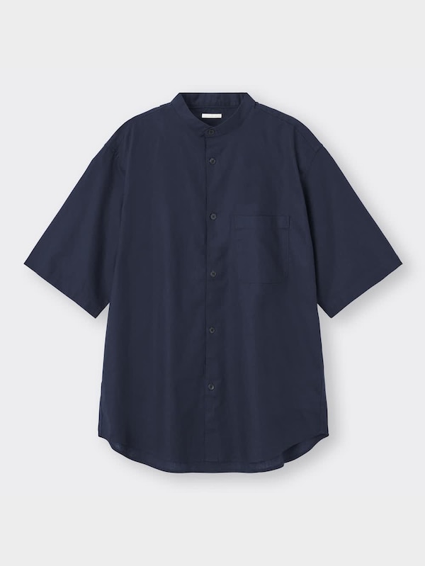リネンブレンドリラックスフィットバンドカラーシャツ5分袖OSB+EC