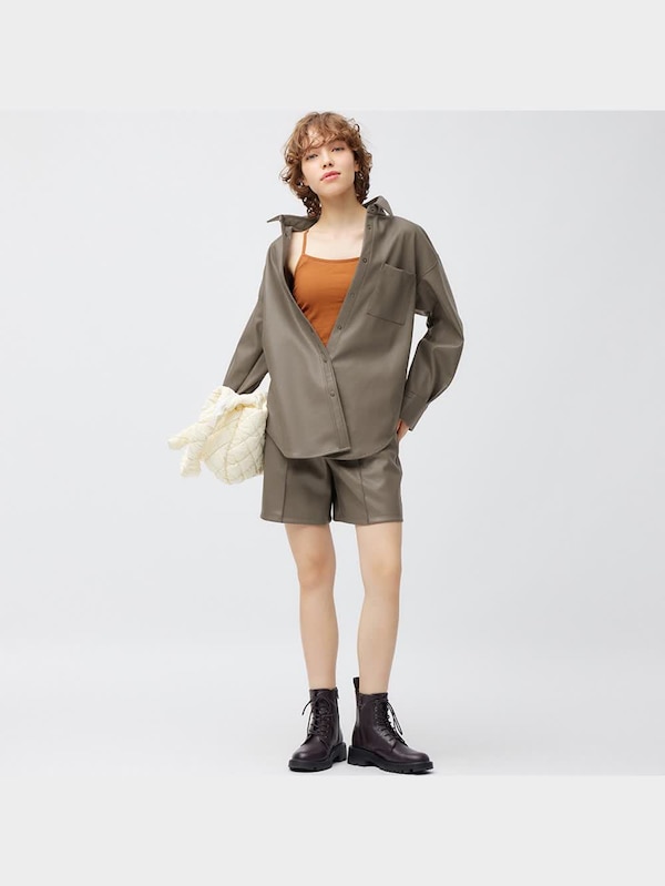 フェイクレザーオーバーサイズシャツ(長袖)(セットアップ可能)