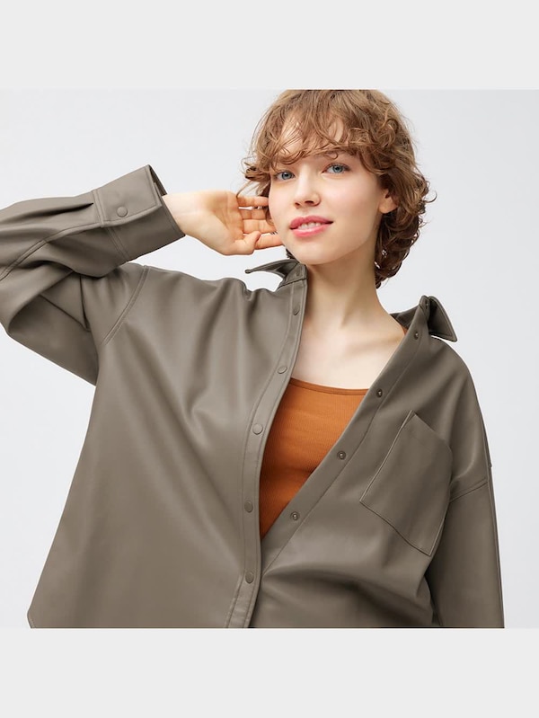 フェイクレザーオーバーサイズシャツ(長袖)(セットアップ可能)