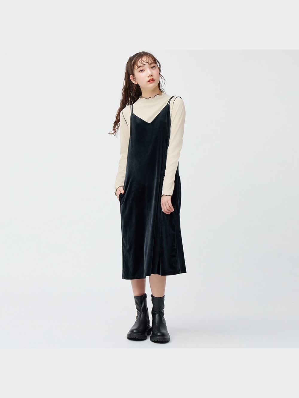 GU公式 | GIRLSリブTセットベロアキャミソールワンピース(長袖)