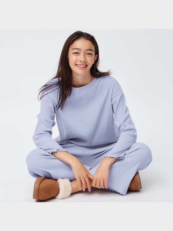 ウエストリボンリブラウンジセット(長袖&ロングパンツ)