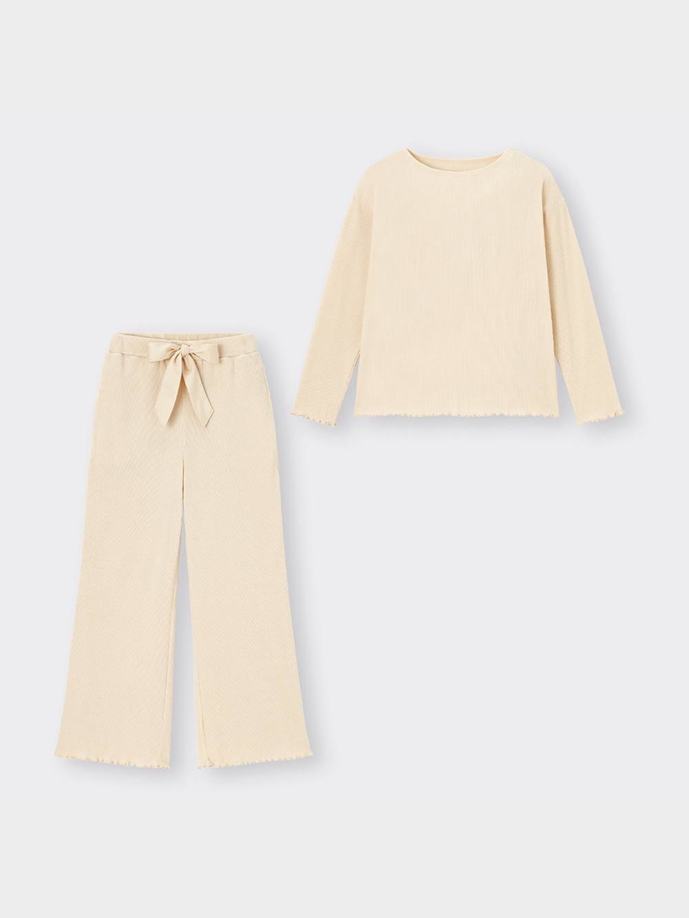 島きんず GU公式 | ウエストリボンリブラウンジセット(長袖&ロングパンツ)