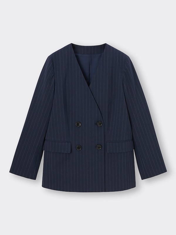 ダブルブレストノーカラージャケット(ストライプ)Z+E
