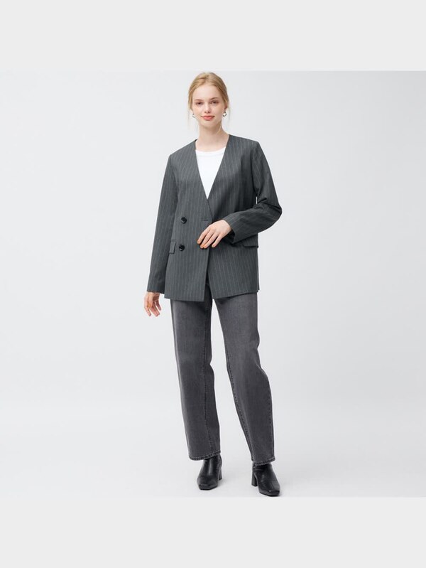 ダブルブレストノーカラージャケット(ストライプ)Z+E