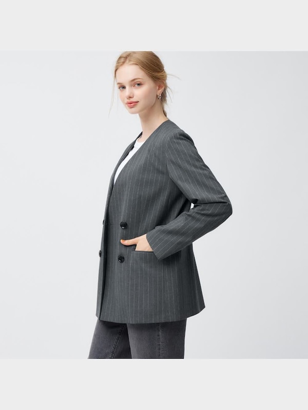 ダブルブレストノーカラージャケット(ストライプ)Z+E