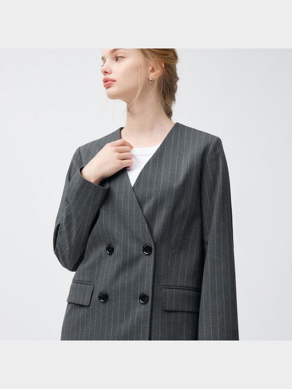 ダブルブレストノーカラージャケット(ストライプ)Z+E