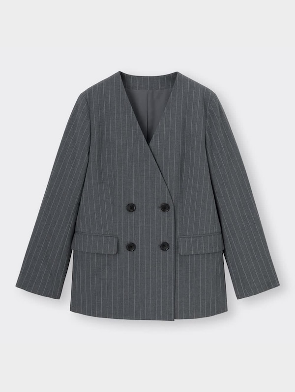 ダブルブレストノーカラージャケット(ストライプ)Z+E