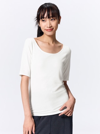 スタイルヒートワイドネックT(5分袖)+E 【レディース】 【インナー・下着】【GU公式/ジーユー】 【OFF WHITE】 スタイルヒートワイドネックT(5分袖)+E 【レディース】 【インナー・下着】【GU公式/ジーユー】 【OFF WHITE】