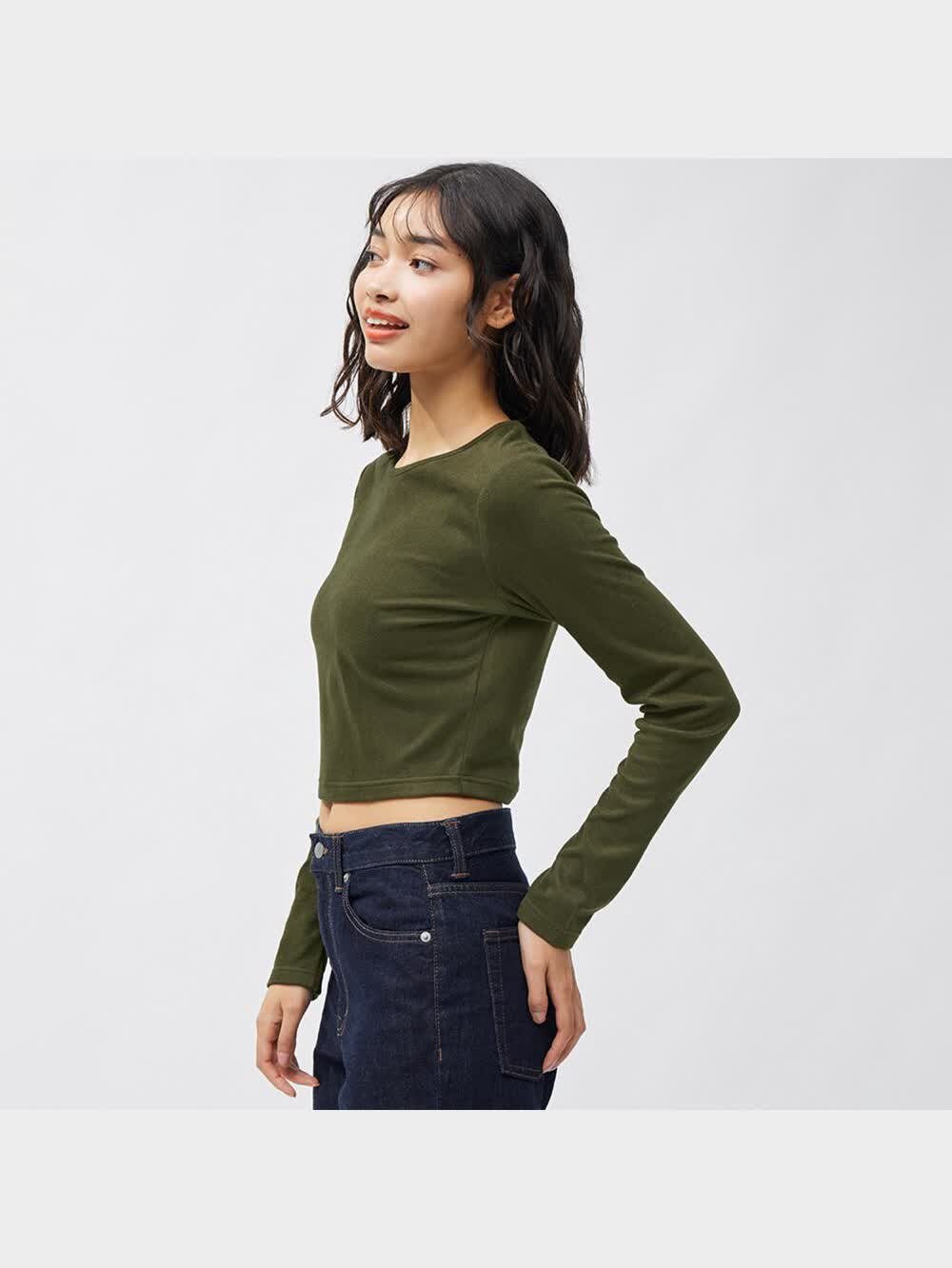 GU公式 | ストレッチリブクロップドT(12分袖)(ウォーム)