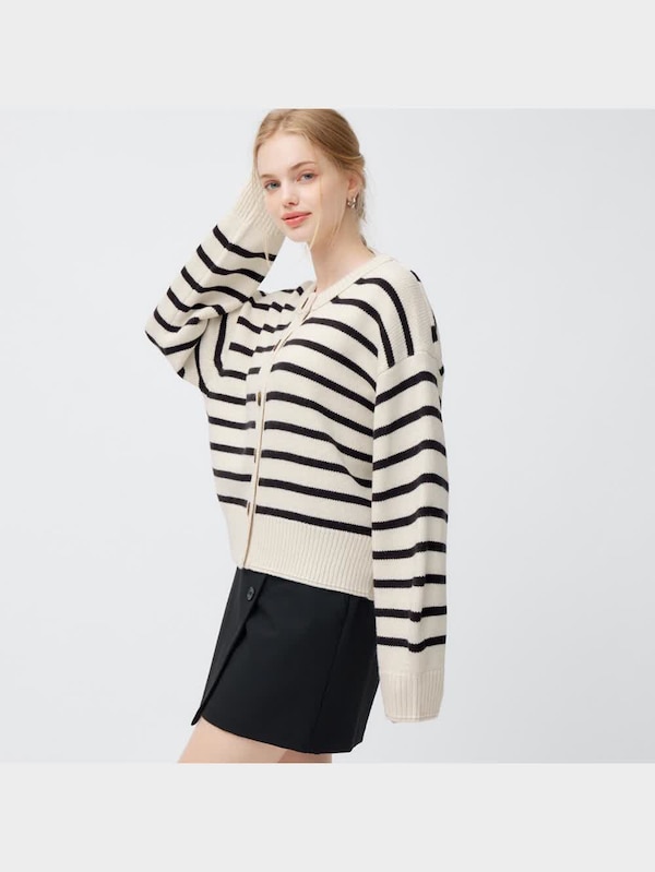 ミドルゲージクルーネックカーディガン(長袖)(ボーダー)