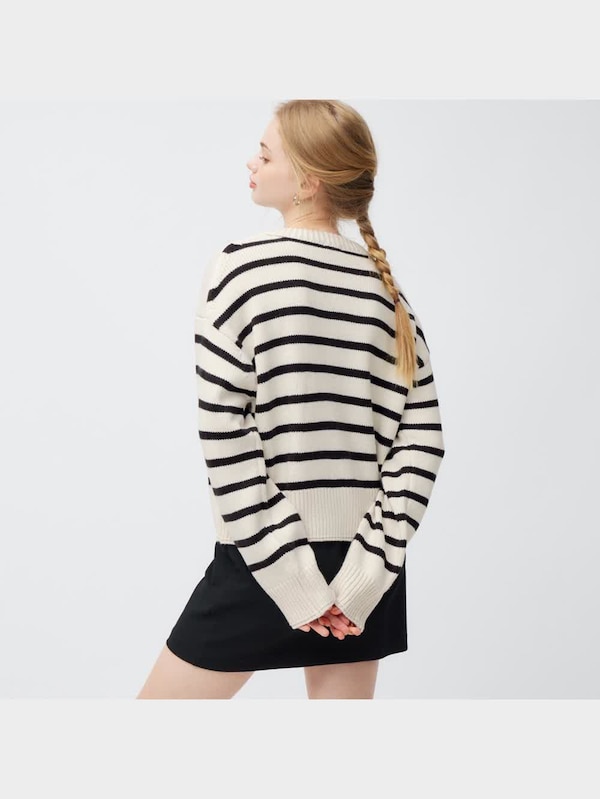 ミドルゲージクルーネックカーディガン(長袖)(ボーダー)